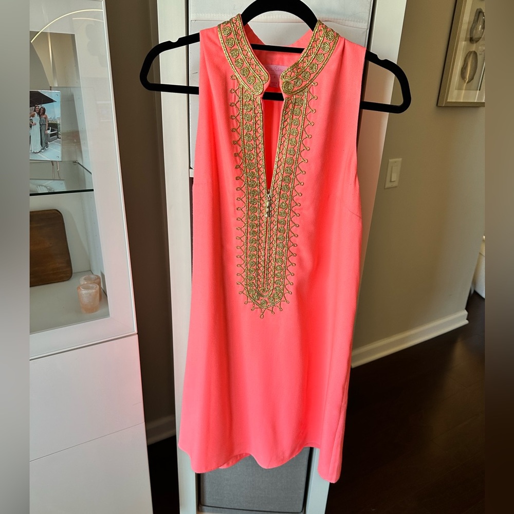 Lilly Pulitzer Jane Embroidered Shift Dress in sunrise coral & gold - 6
